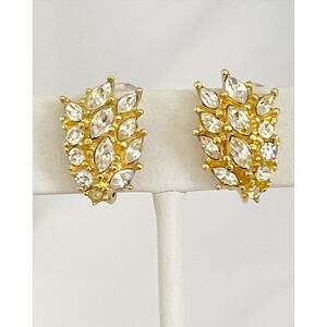 DIOR Vintage Gold Plated Marquise Cut Crystal Cluster Clip On Earrings